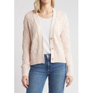 Caslon 100% Pima Cotton Pastel Petal Pink Chunky Cable Knit Cardigan Sweater Lrg